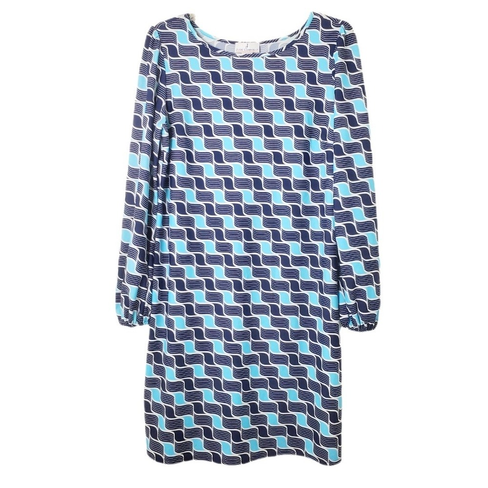 Jude Connally Blue‎ Wave Print Long Sleeve Shift Dress Women's Size L Style 165